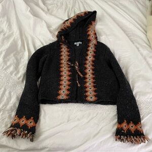 BDG MEDIUM Y2K 90s Vintage Chucky Knit Hooded Fair Isle Cardigan Sweater gray